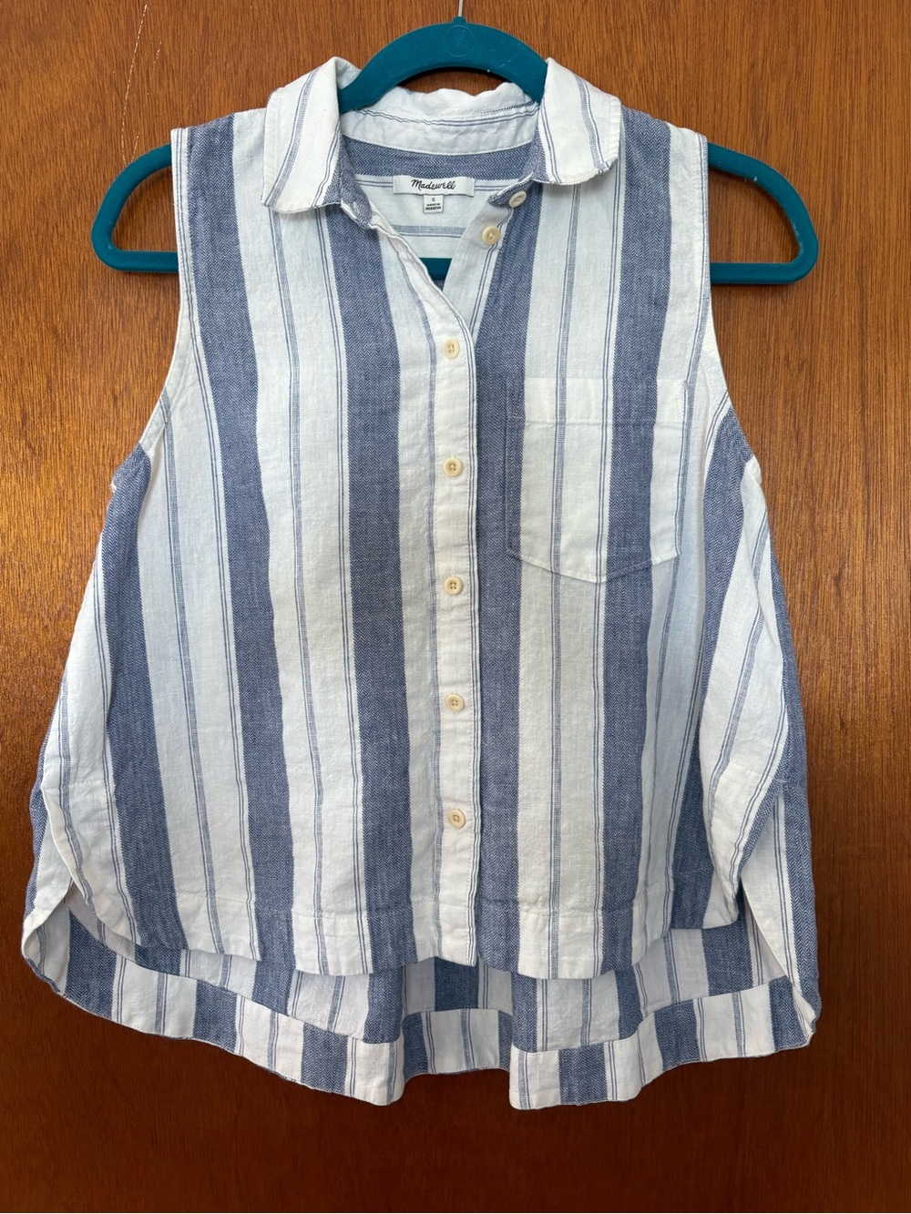 Small Madewell Blue White Herringbone Striped Linen Blend Sleeveless Shirt - Picture 3 of 15